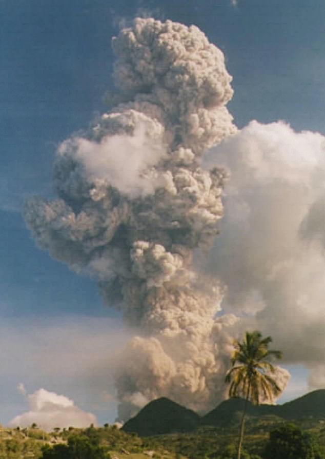 The Soufriere Hills volcano on the island of Montserrat is seen erupting in 1997. The resulting tonnes of ash covered more than half the island