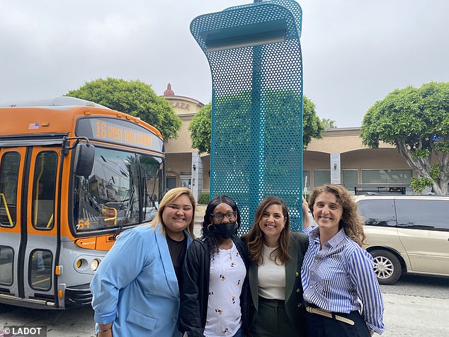 City transportation officials held a press conference on Thursday to unveil La Sombrita. Pictured right is Chelina Odber from the Kounkuey Design Initiative, which designed it