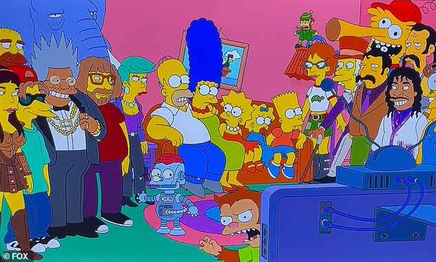 The familiar opening sequence was taken over by a medley of 750 characters. Some of the famous faces packed into the Simpsons' living room include Willy Wonka and Stampy the Elephant